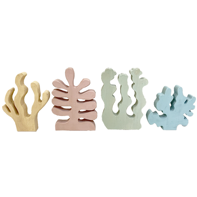 Set van 4 decoratieve Pastel Wood Grasses in zachte kleuren, ideaal als houten speelgoed of interieurdecoratie voor kinderkamers.