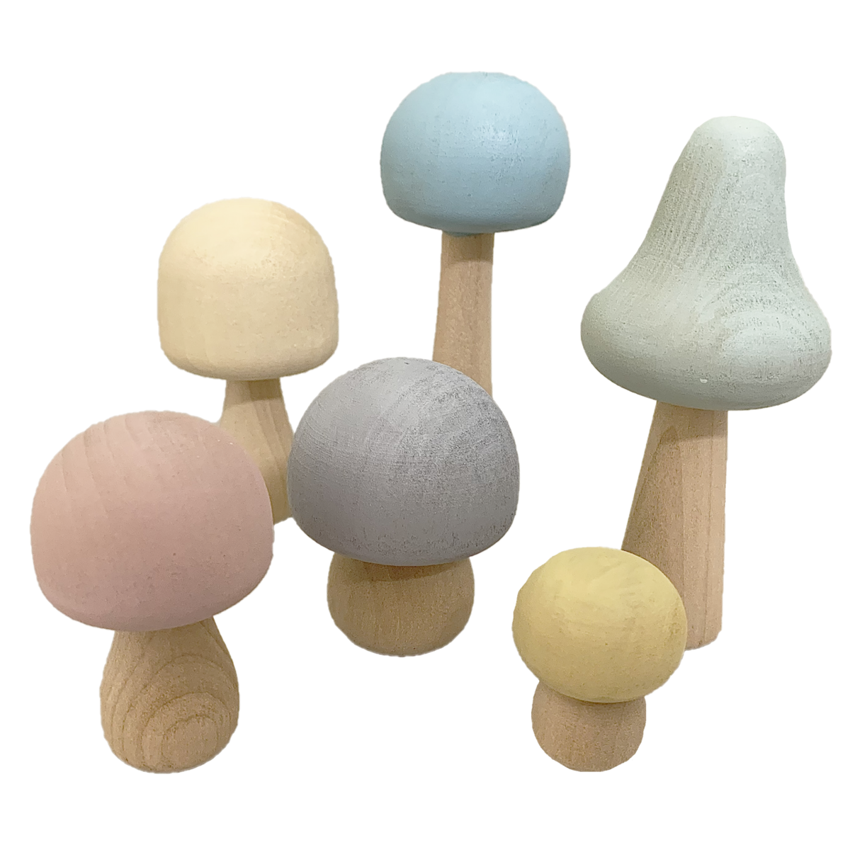 Set van 6 pastel houten paddenstoelen in diverse vormen en zachte kleuren, ideaal voor decoratie of kinderspeelgoed.