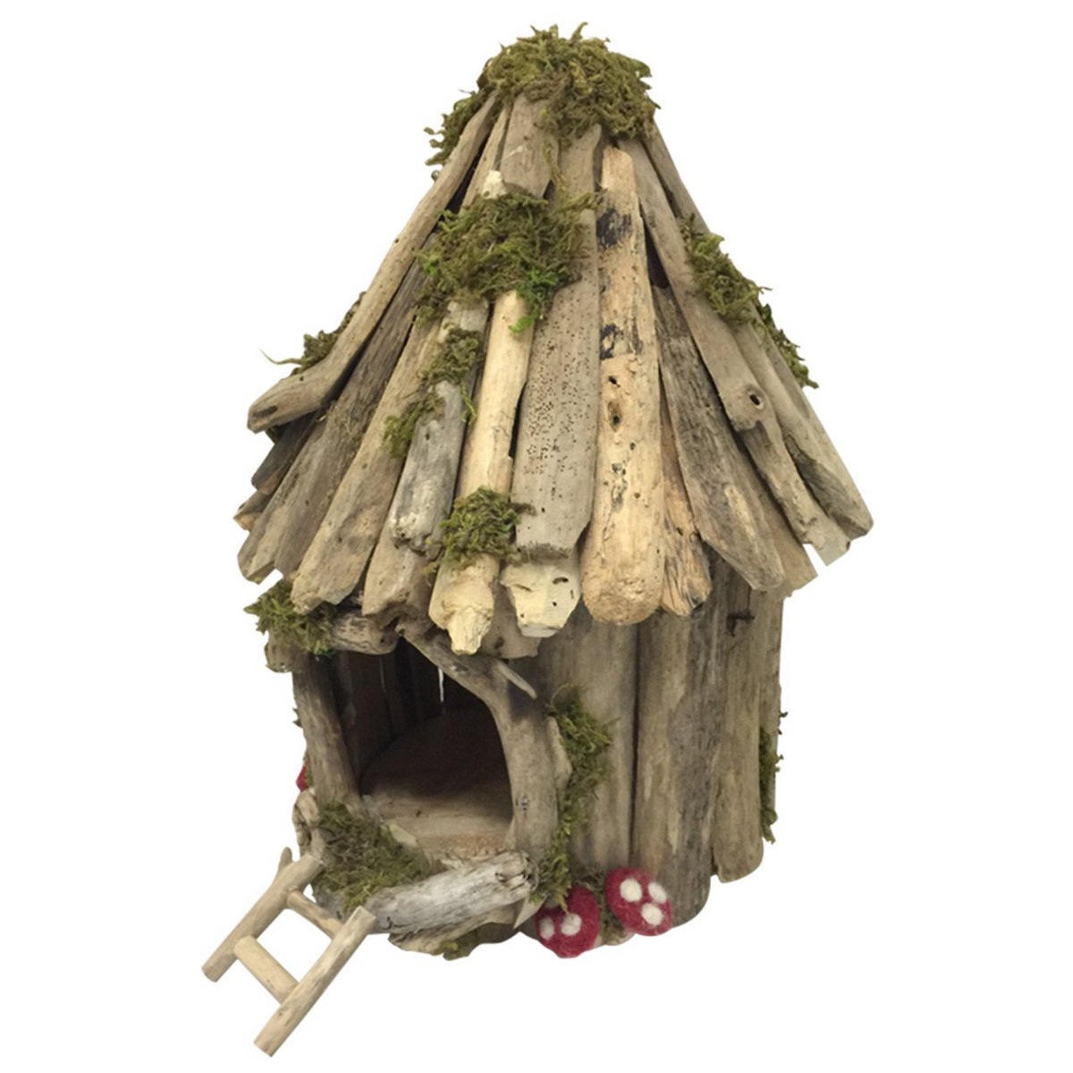 Sprookjesachtig Woodland Fairy House S round van drijfhout met mos en rode paddenstoelen, ideaal als decoratief tuinaccessoire.
