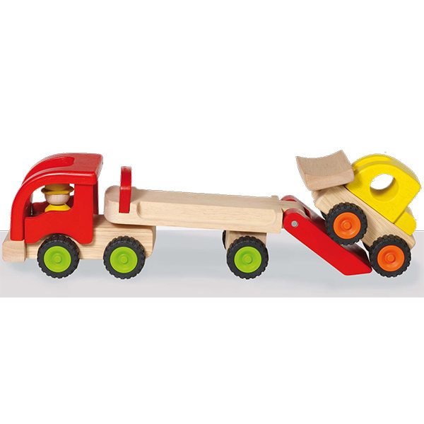 "Rode vrachtwagen met gele shovel"