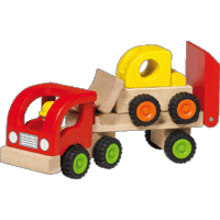 Rode vrachtwagen met oplegger en gele shovel