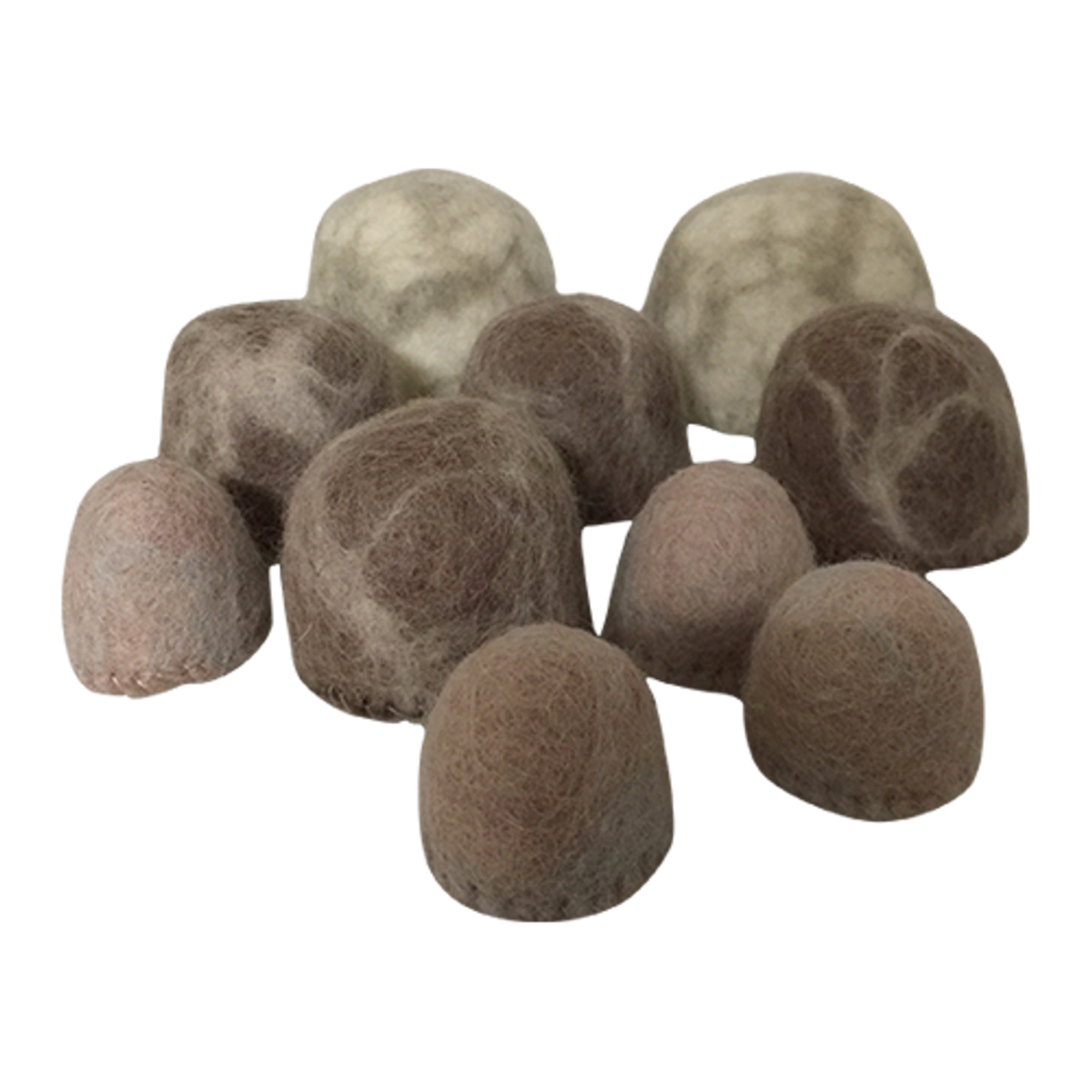 Winter Rocks/10pc vilten stenen in aardetinten, perfect voor sensorisch spel of winterse woonaccessoires in kinderkamers of speelhoeken.