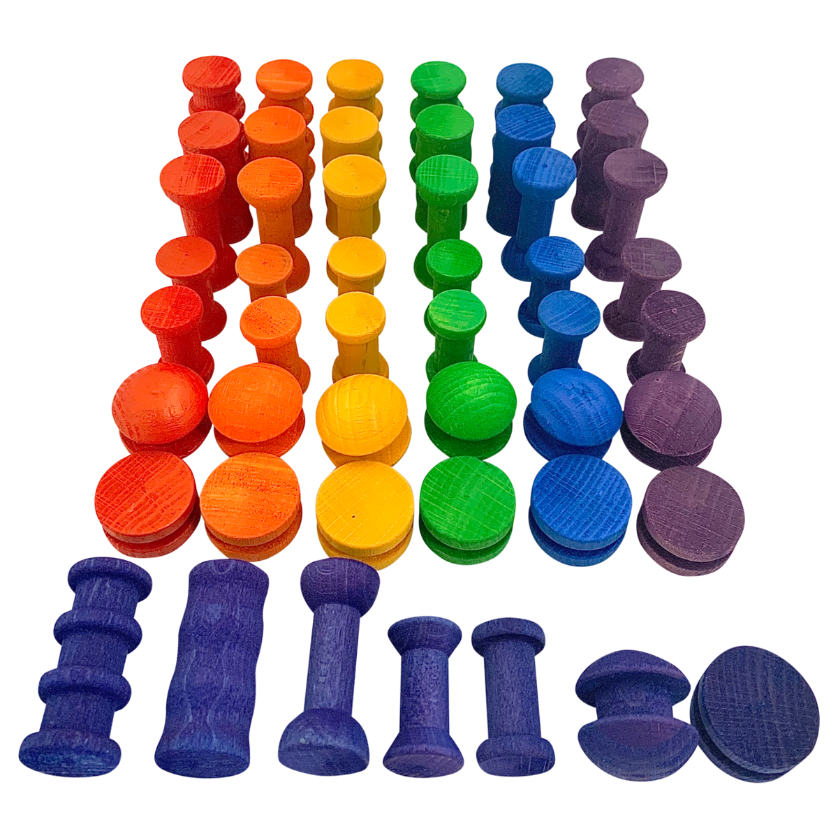 Set van 49 Mini Rainbow Spools/49pc in levendige kleuren, perfect voor fijne motoriek, sorteeractiviteiten en Montessori-onderwijs.