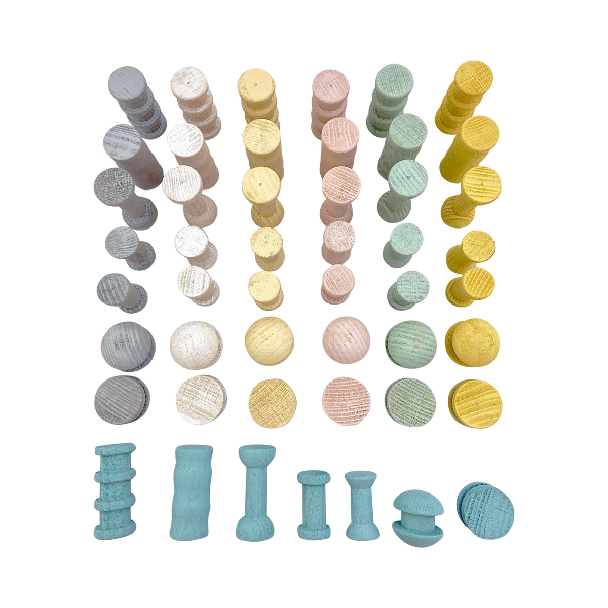 Set van 49 Mini Pastel Spools/49pc in diverse vormen en pastelkleuren, perfect voor DIY, naaien en creatieve toepassingen in e-commerce.