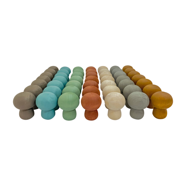 Mini Earth Mushroom/49pc set met kleurrijke houten paddenstoelen in natuurlijke tinten, ideaal voor open-ended spel en decoratie.