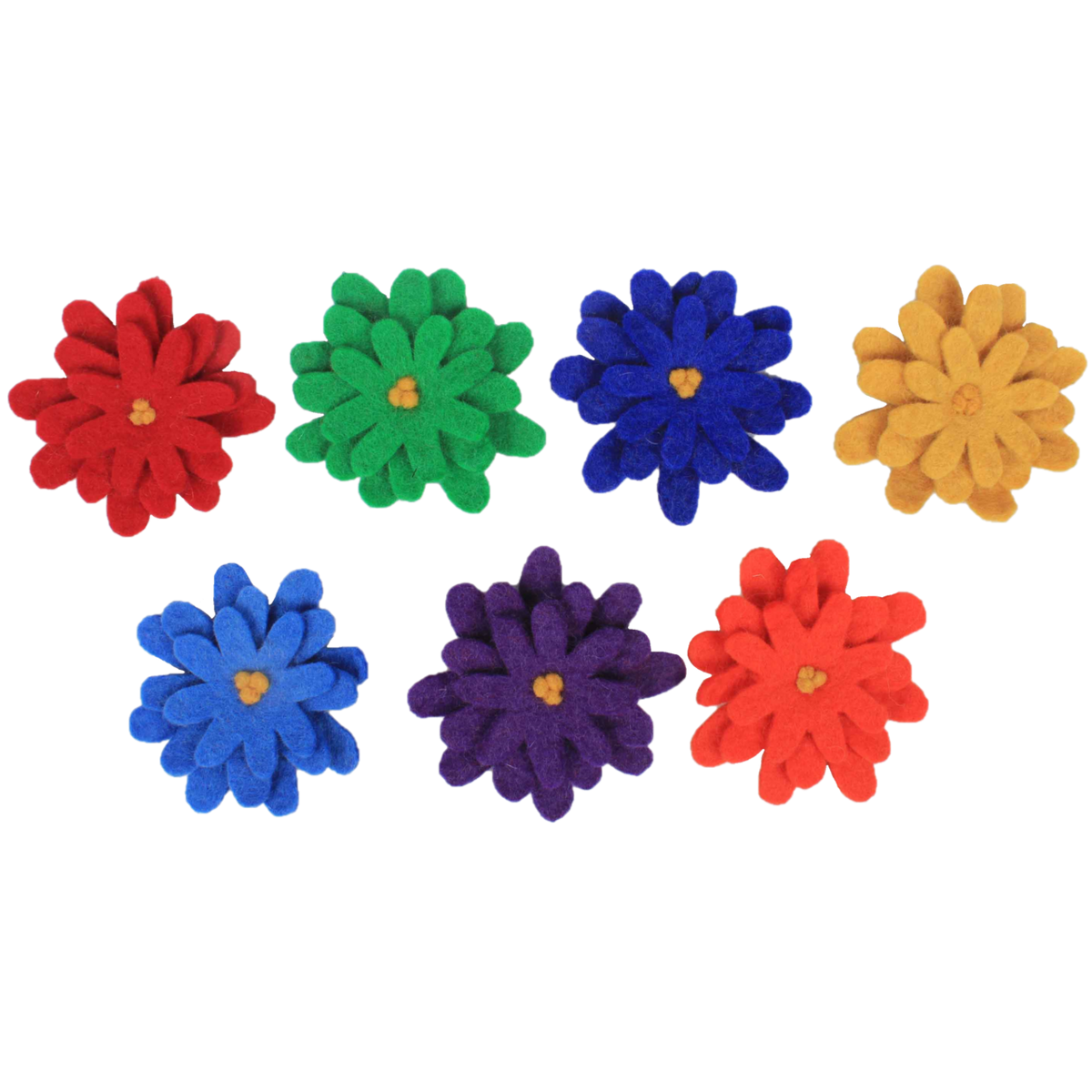Set van 7 kleurrijke Rainbow Asters bloemen in rood, groen, blauw, geel, paars en oranje, perfect voor decoratie of knutselprojecten.