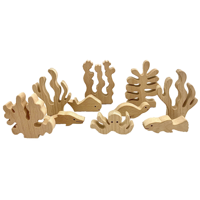 Sea Grasses/4pc houten speelgoedset met zeedieren en zeewier, ideaal voor fantasierijk spel en natuurlijke decoratie.