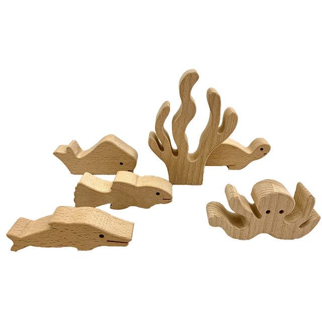 Houten speelgoedset Sea story/6pcs met zeedieren en koraal, ideaal voor fantasierijk spel en duurzame kindercadeaus