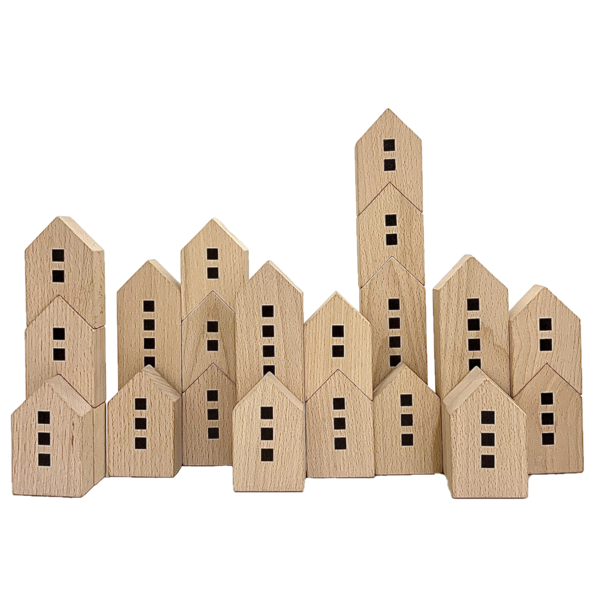 City Scape Blocks/22pc houten bouwblokken in huisvorm, gestapeld tot een stedelijk landschap voor creatief kinderspel.