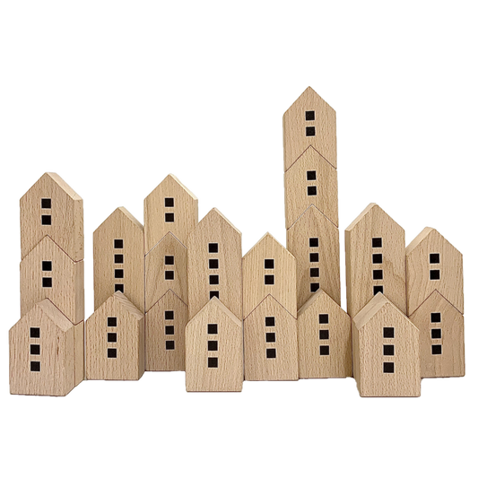 City Scape Blocks/22pc houten bouwblokken in huisvorm, gestapeld tot een stedelijk landschap voor creatief kinderspel.