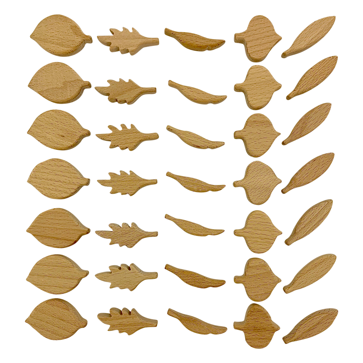 Set van 35 Mini Natural Leaf Shapes in diverse houten bladontwerpen, ideaal voor knutselprojecten en decoratie in de hobbycategorie.