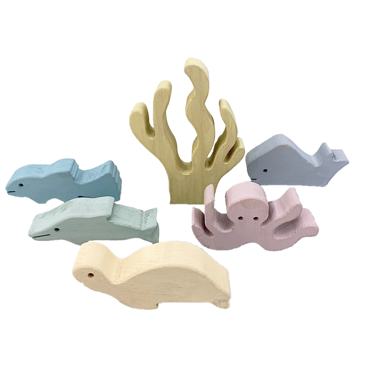 Pastel Wood Sea Story/6pc houten speelgoedset met zeedieren en koraal in zachte pastelkleuren, ideaal voor fantasierijk spel en decoratie.