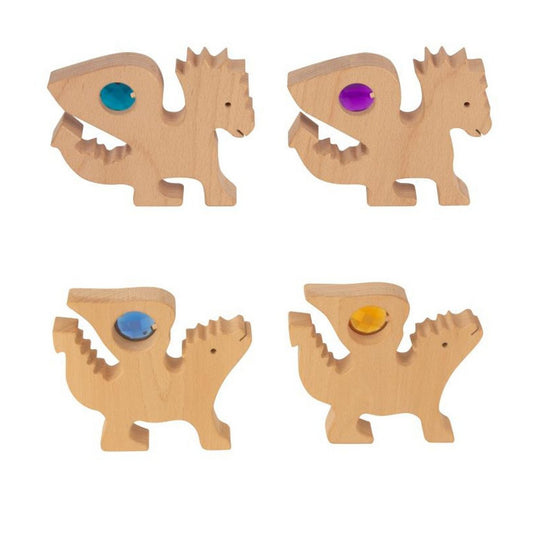 Set van 4 houten Gem Dragons met kleurrijke edelsteenaccenten in blauw, paars, geel en turquoise. Perfect voor fantasierijk spel en decoratie.