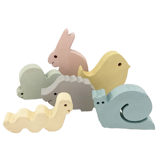 Pastel Wood Garden/6pc houten speelgoedset met dierenfiguren in pastelkleuren, ideaal voor fantasierijk spel en kinderkamerdecoratie.