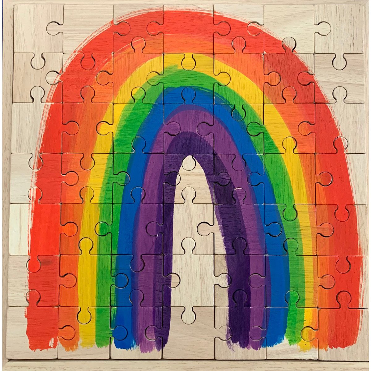 Houten Bright Rainbow Puzzle/49pc met handgeschilderde regenboog in levendige kleuren, perfect voor educatief kinderspeelgoed.