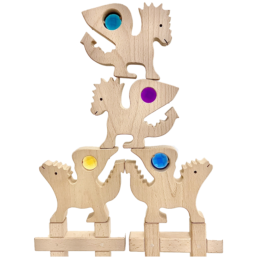 Stapeltoren van Gem Dragons/4pc met edelstenen in diverse kleuren. Educatief houten speelgoed voor balans en fantasierijk bouwen.
