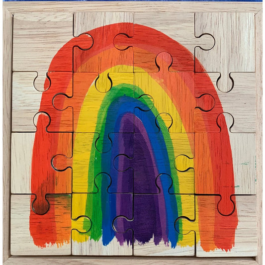 Houten Bright Rainbow Puzzle/16pc met handgeschilderde regenboog in rood, oranje, geel, groen, blauw en paars. Educatief speelgoed voor kinderen.