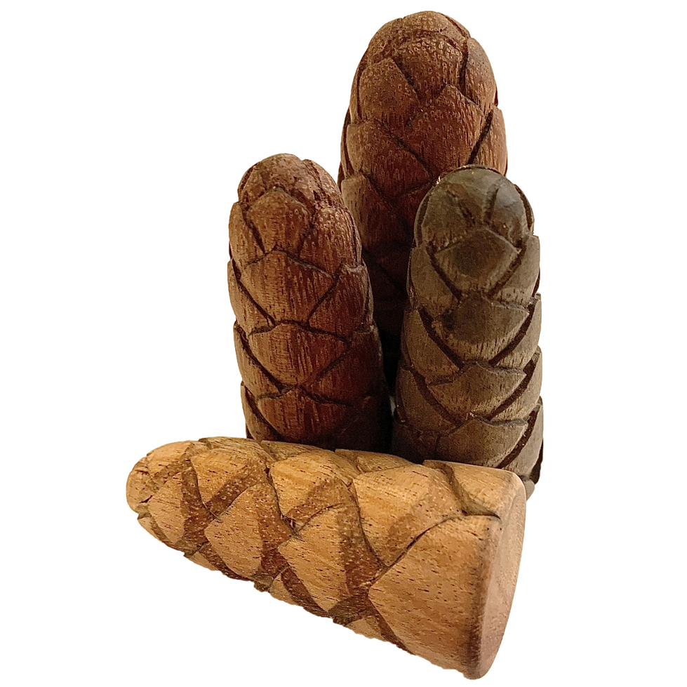 Set van 4 houten Mini WW Flower Buds in dennenappelvorm, perfect voor natuurlijke woondecoratie of creatieve DIY-projecten.