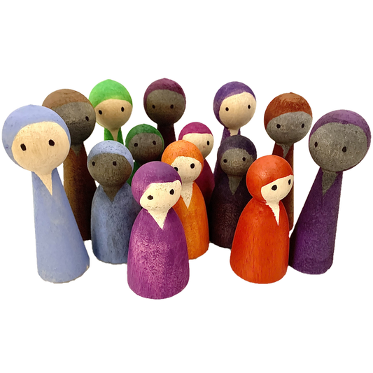 Set van 14 kleurrijke houten poppetjes in hoodie-stijl, perfect als decoratie of speelgoed. Hoodies/14pc in diverse kleuren voor creatieve toepassingen.
