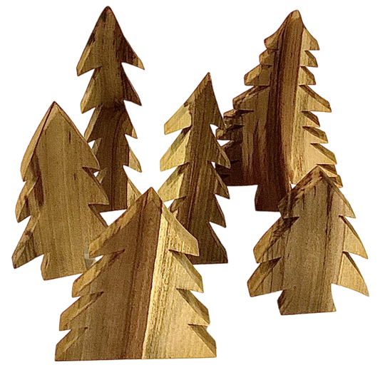 Houten Tree Set/6pc decoratieve kerstbomen in natuurlijke houtkleur, perfect voor feestelijke tafeldecoratie of interieurstyling.