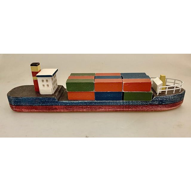 Houten Container Boat/19pc met kleurrijke blokkencontainers, ideaal als speelgoed of decoratief item in maritieme speelgoedcategorie.