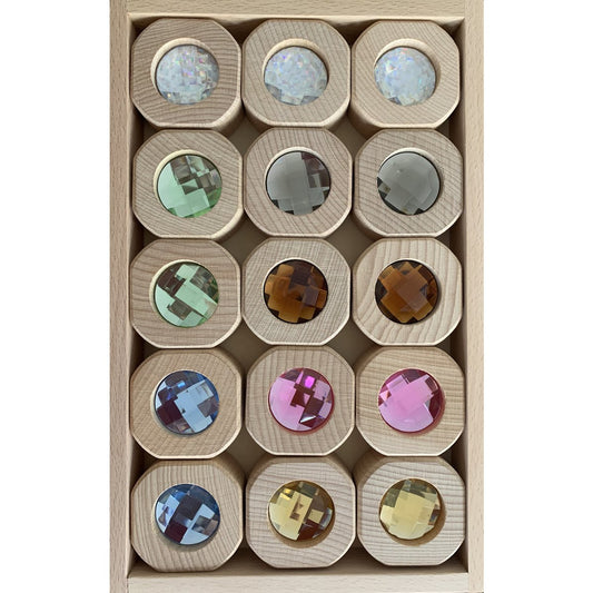 Bitcoin Earth Set/15pc met houten blokken en glinsterende edelsteenachtige lenzen in diverse kleuren, ideaal voor sensorisch spel.