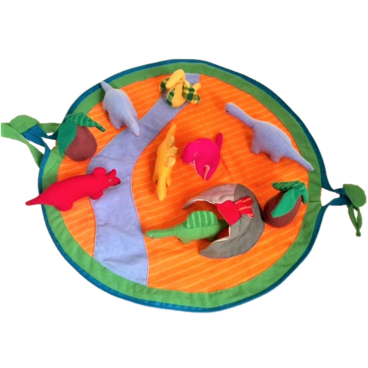 Ronde Dino Pouch speelmat met kleurrijke pluchen dinosaurussen en bomen, ideaal voor peuters en kleuters. Educatief speelgoed voor fantasierijk spel.