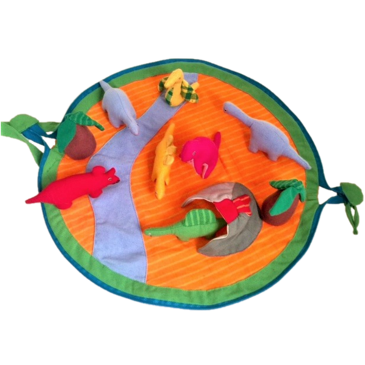 Ronde Dino Pouch speelmat met kleurrijke pluchen dinosaurussen en bomen, ideaal voor peuters en kleuters. Educatief speelgoed voor fantasierijk spel.