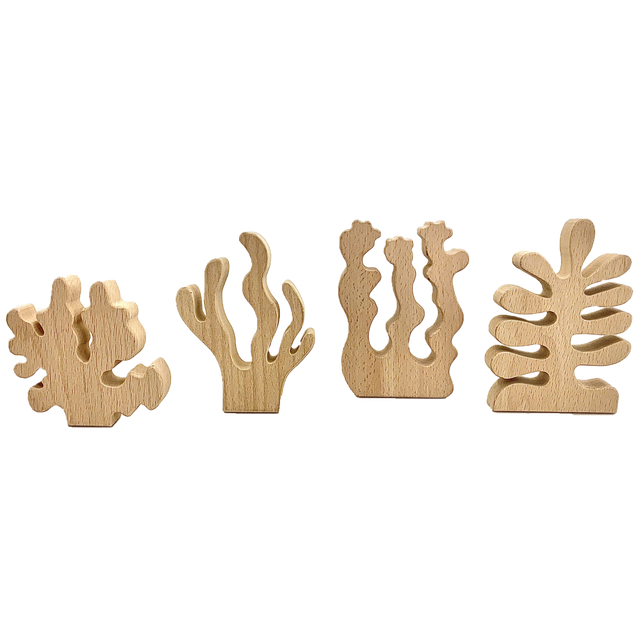 Vierdelige Sea Grasses/4pc set van houten zeewierfiguren, geschikt voor educatief speelgoed of natuurlijke interieurdecoratie.