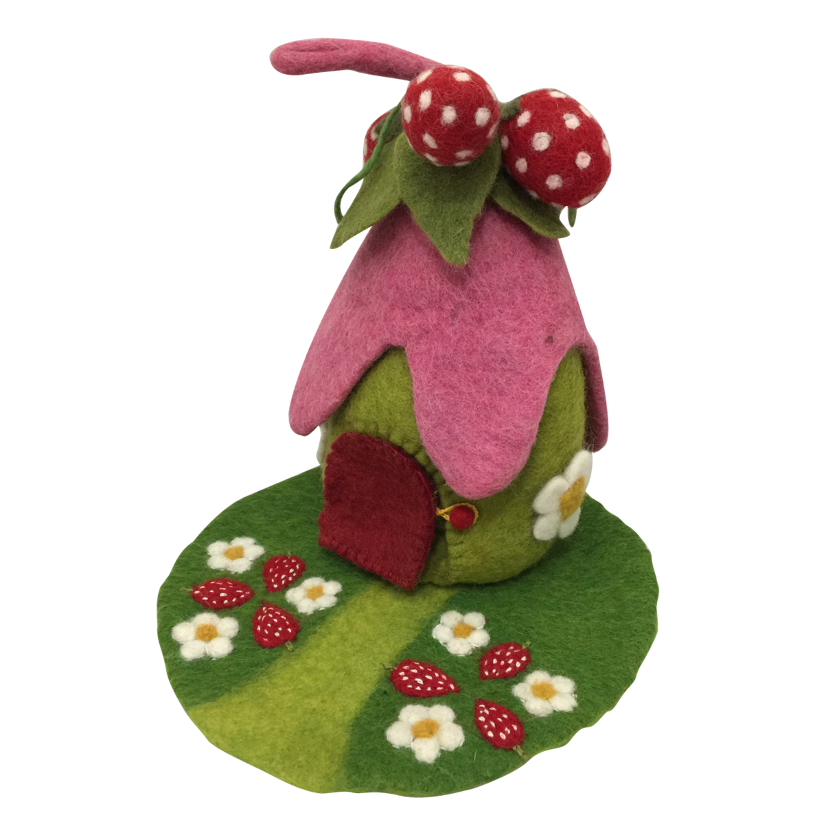 Handgemaakte vilten Strawberry House + Mat in roze en groen met aardbeien en bloemen, perfect als decoratief speelgoedhuisje voor kinderen.