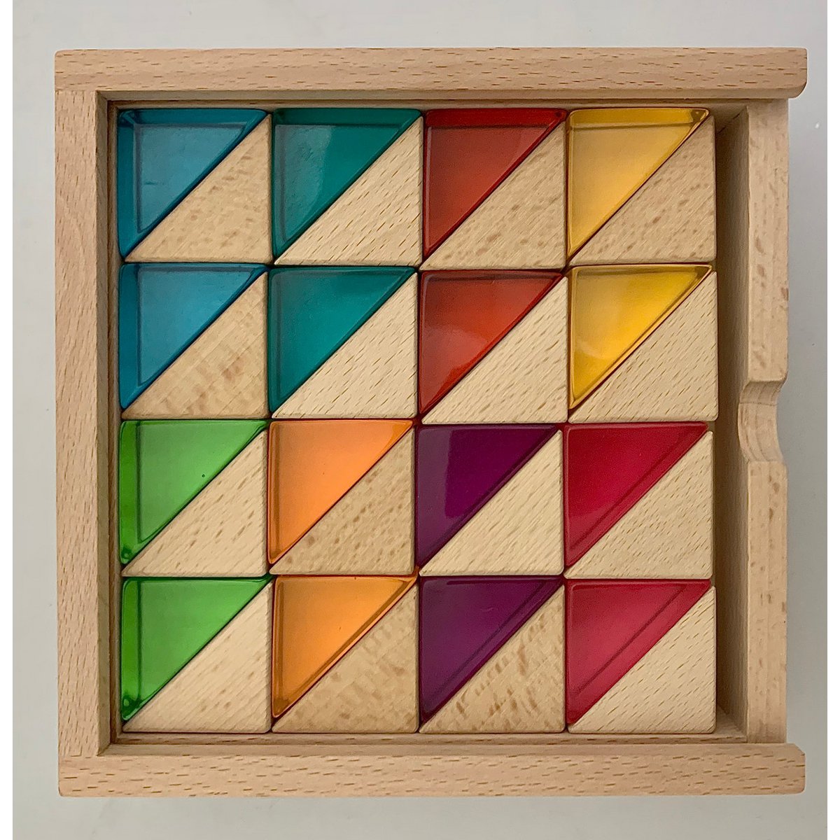 Houten en lucite driehoekige blokken in felle kleuren, set van 32 stuks in houten opbergdoos, educatief speelgoed voor kinderen