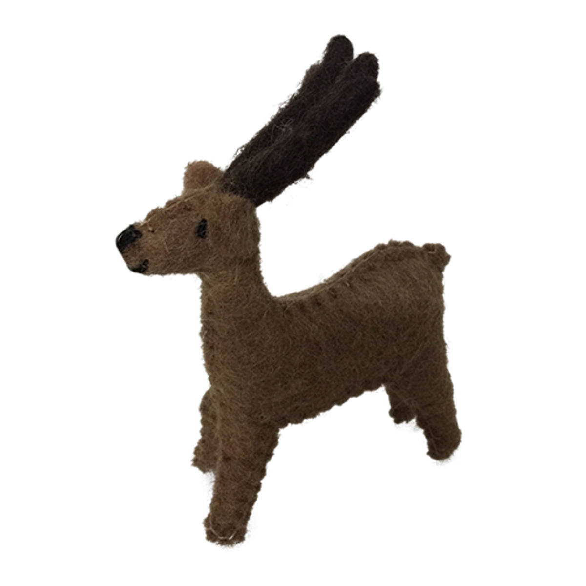 Kleine vilten rendierdecoratie met donkere geweien, perfect voor kerstversiering of winterthema decor. Small Felt Reindeer/6 in bruine tinten.