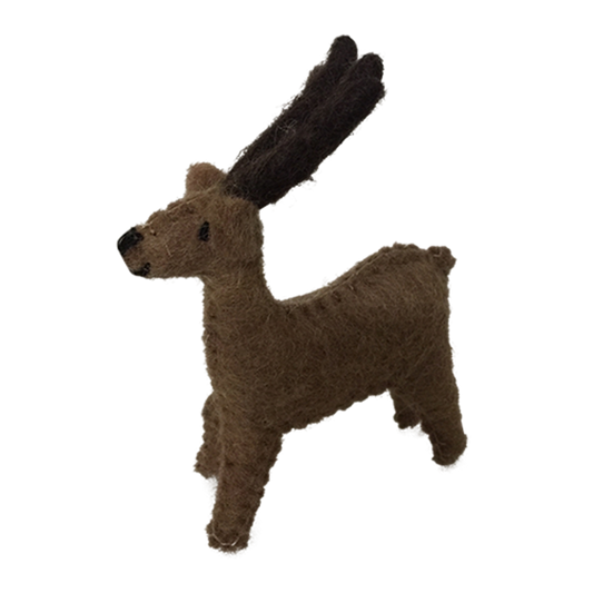 Kleine vilten rendierdecoratie met donkere geweien, perfect voor kerstversiering of winterthema decor. Small Felt Reindeer/6 in bruine tinten.