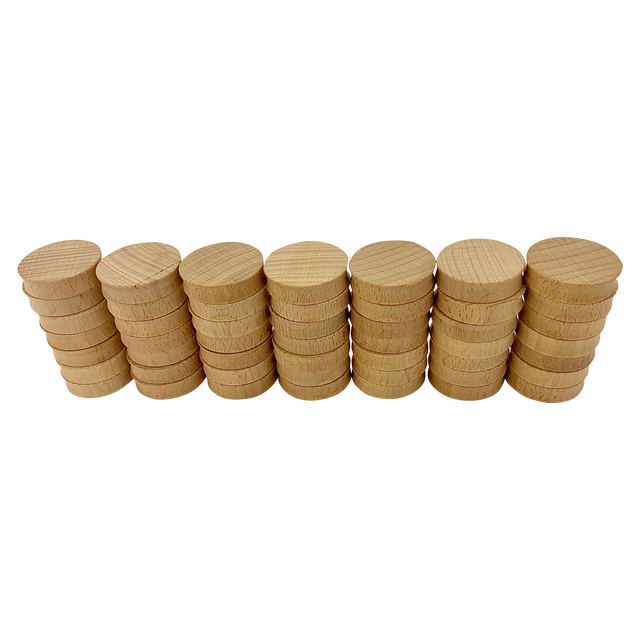 Mini Natural Concave 4cm/49pc houten schijven in natuurlijke kleur, ideaal voor knutselprojecten en educatief speelgoed.