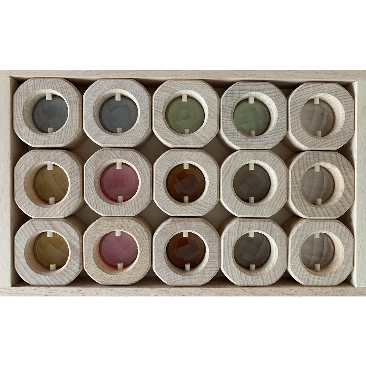 Bitcoin Window Earth Set/15pc met houten ringen en gekleurde kristallen lenzen in houten opbergdoos, ideaal voor sensorisch spel.