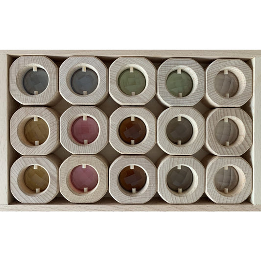 Bitcoin Window Earth Set/15pc met houten ringen en gekleurde kristallen lenzen in houten opbergdoos, ideaal voor sensorisch spel.