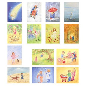 "Set van 14 vrolijke kinderkaarten A6 van Marjan!"