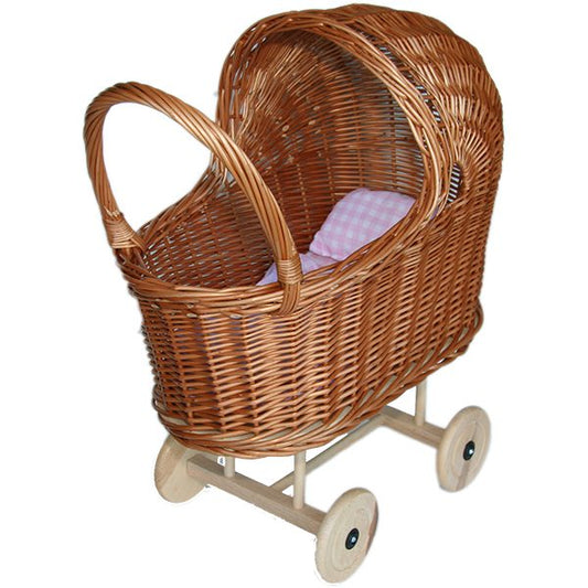 "Schattige rieten poppenwagen met leuke stof!"