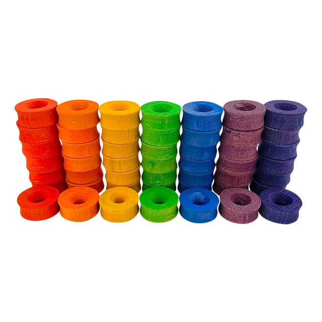 Mini Rainbow Ring 2.5cm/49pc in regenboogkleuren, gestapeld per kleur voor educatief speelgoedgebruik. Ideaal voor sorteer- en telactiviteiten.