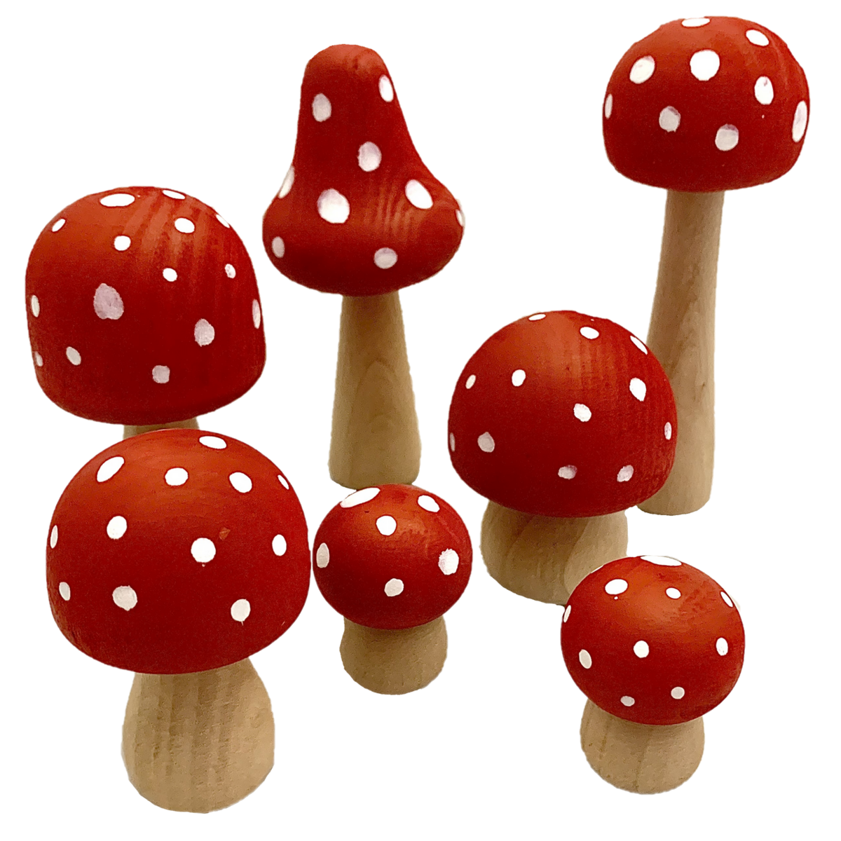Set van 7 decoratieve paddenstoelen rood met witte stippen, perfect voor herfstdecoratie of kinderkameraccessoires.