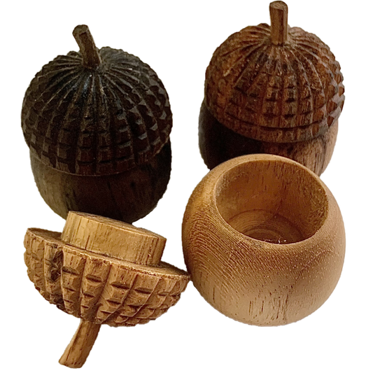 Mini WW Acorn Pots/6pc met afneembare deksels, handgemaakt van hout, ideaal voor opbergen van kleine sieraden of kruiden.