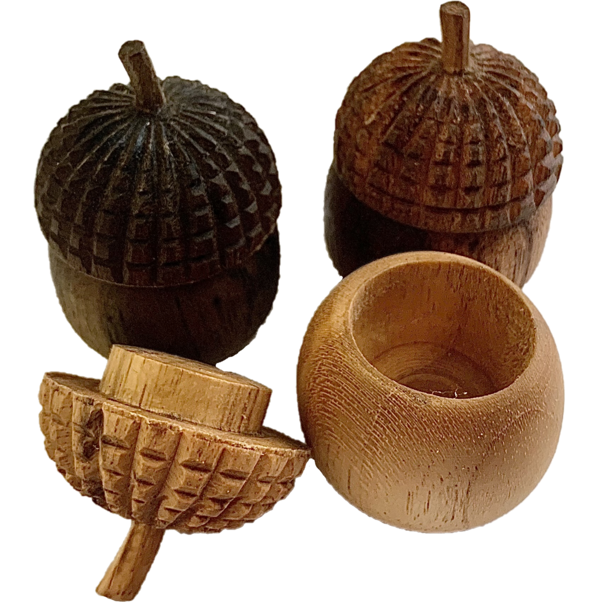 Mini WW Acorn Pots/6pc met afneembare deksels, handgemaakt van hout, ideaal voor opbergen van kleine sieraden of kruiden.