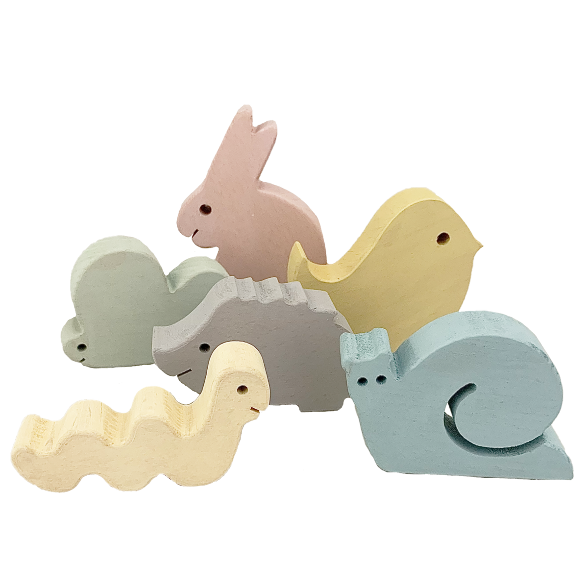 Pastel Wood Garden/6pc houten speelgoedset met dierenfiguren in pastelkleuren, ideaal voor fantasierijk spel en kinderkamerdecoratie.