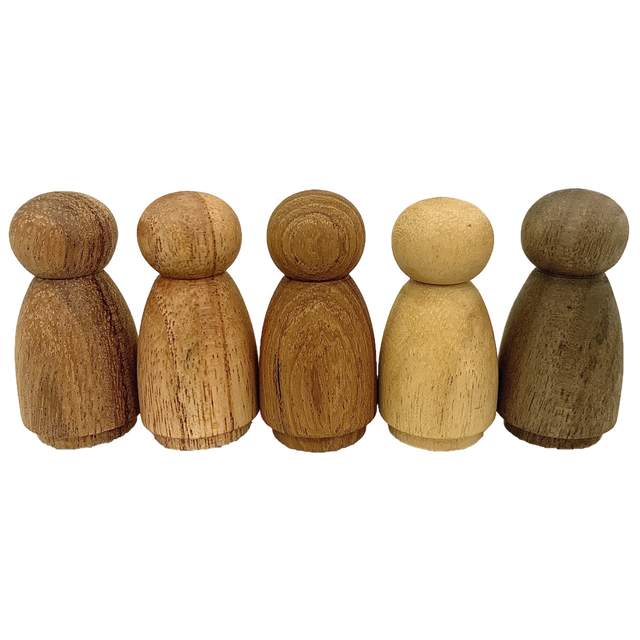 Vijf Mini WW Wood Folk figuren in natuurlijke houtkleuren, perfect voor creatief spel en educatief speelgoed in houten speelgoedcategorie.