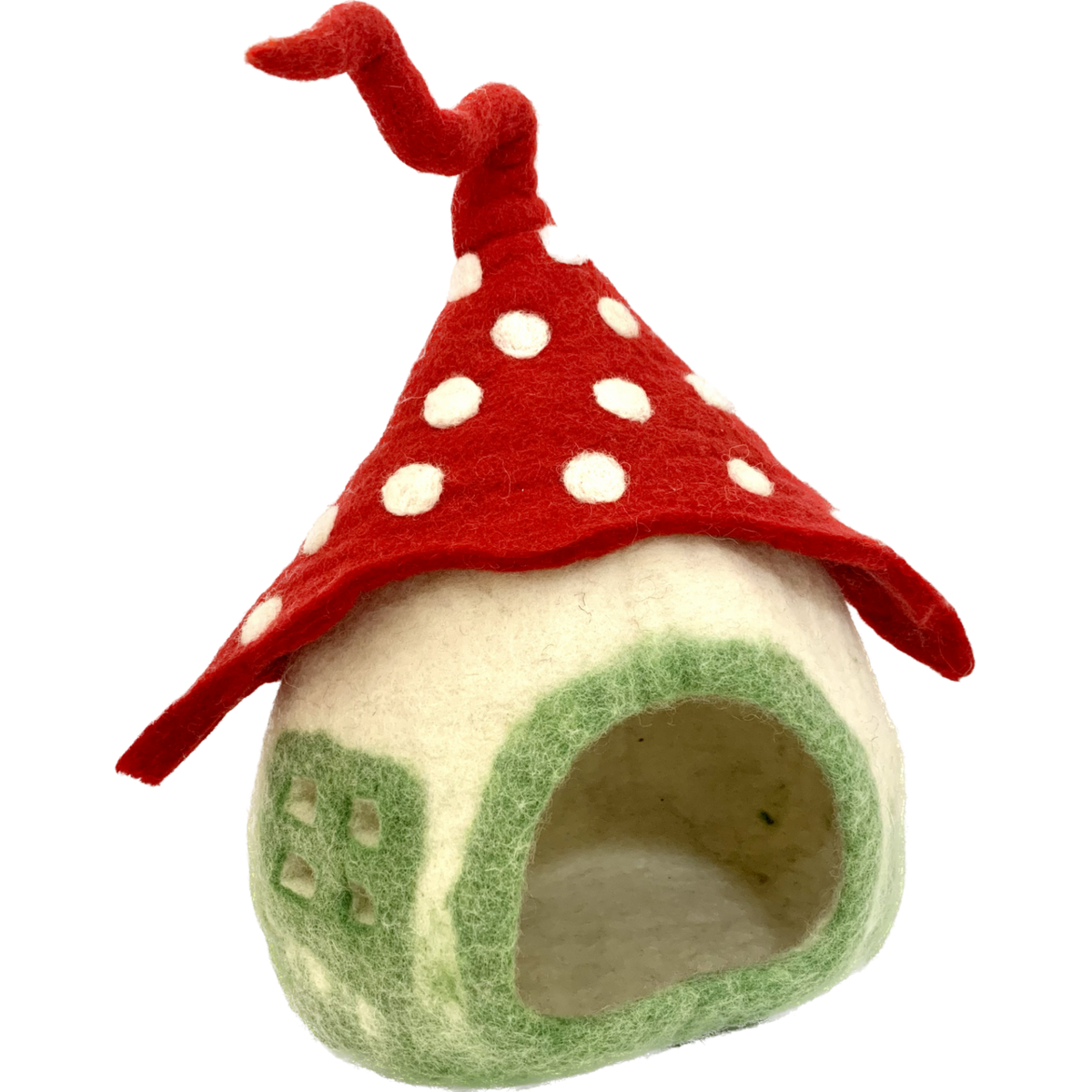 Fee Paddestoelengrot Set met rood-witte stippen dak en groene raampjes, perfect als sprookjesachtig decor voor kinderkamers of speelsets