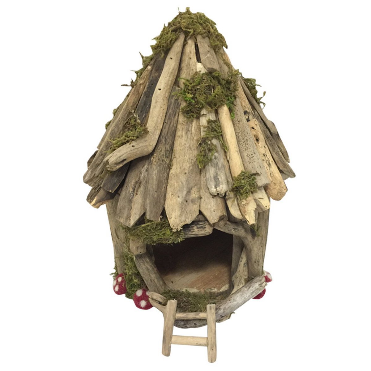 Woodland Fairy House S round met natuurlijke houten dakpanelen, mosdetails en miniatuurtrapje, perfect voor sprookjesachtige tuindecoratie.