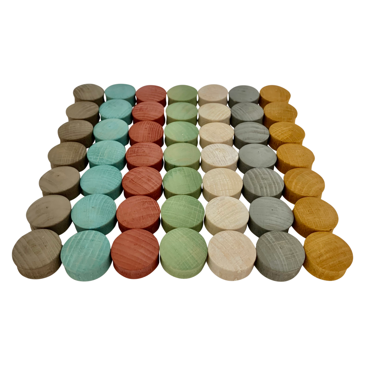 Mini Earth Convex/49pc set met 49 houten schijven in natuurlijke kleuren, ideaal voor open-ended spel en Montessori speelgoedcategorie.