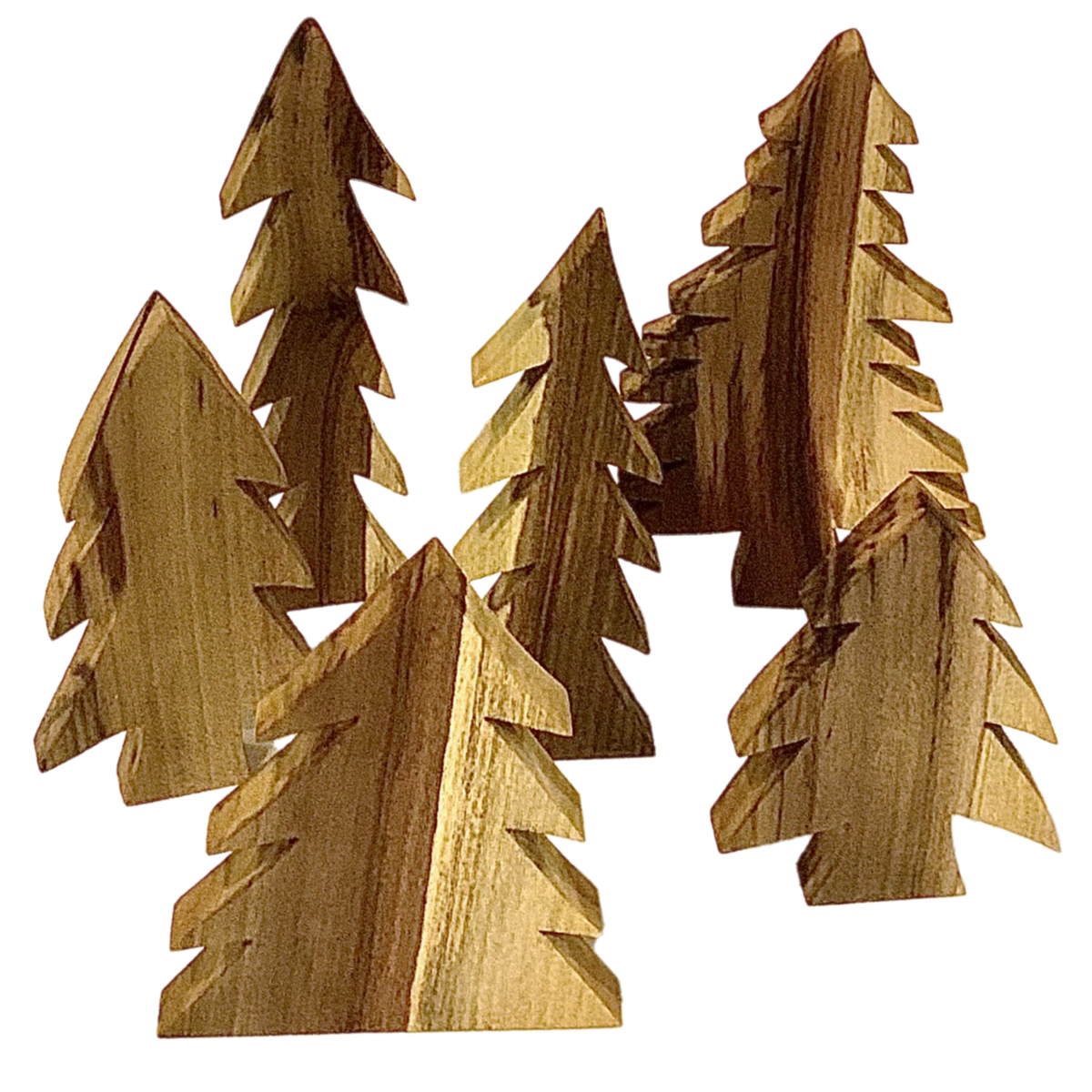 Houten Tree Set/6pc decoratieve kerstbomen in natuurlijke houtkleur, perfect voor feestelijke tafeldecoratie of interieurstyling.