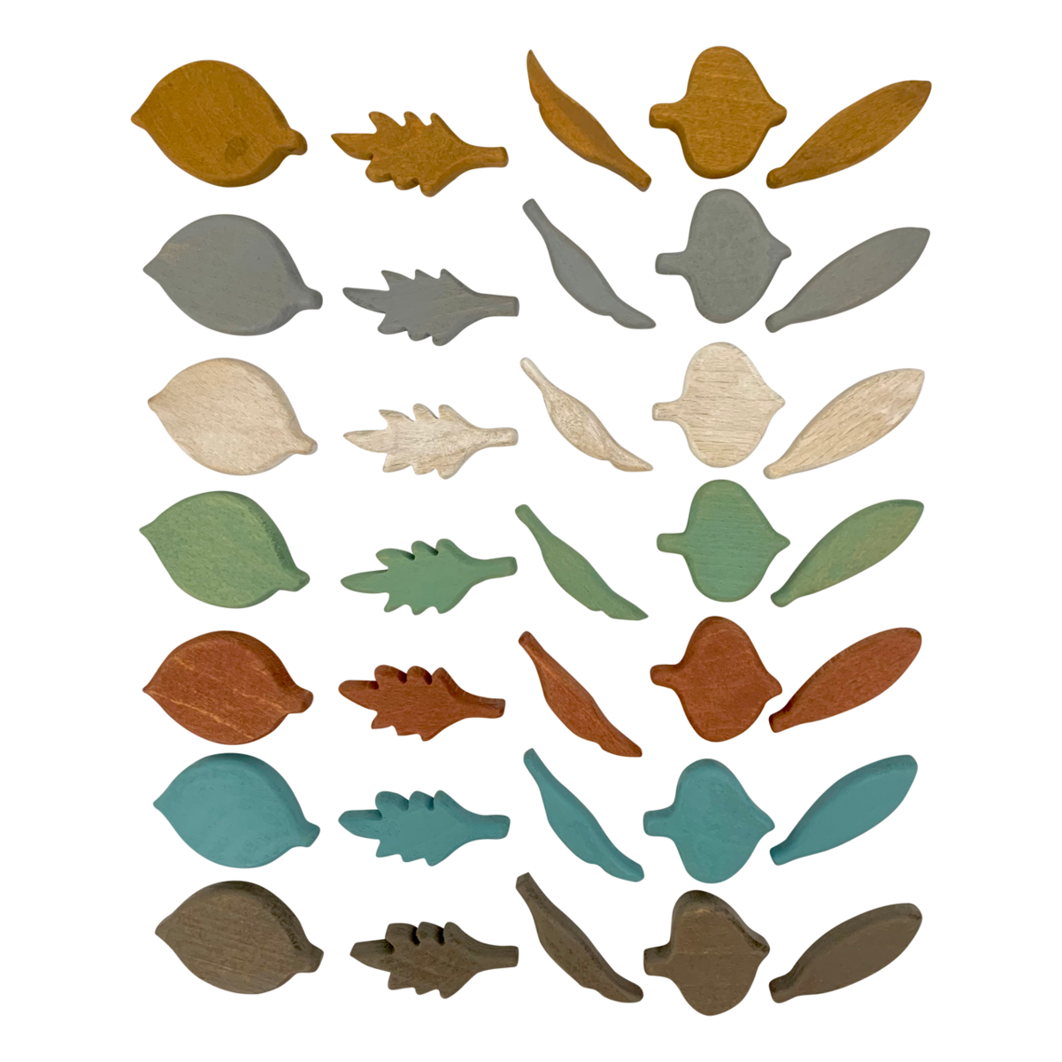 Mini Earth Leaf Shapes/35pc in diverse herfstkleuren, ideaal voor sensorisch spel en creatieve educatieve activiteiten in de categorie houten speelgoed.