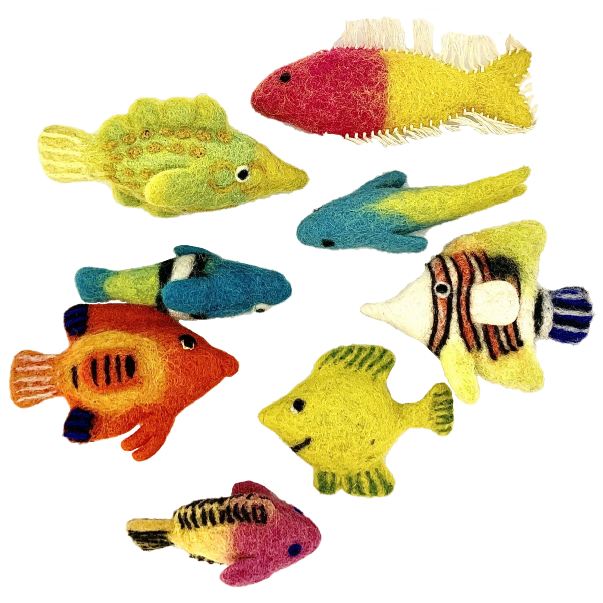 Set van 8 kleurrijke vilten tropische vissen, handgemaakt voor decoratie of speelgoed. Tropical Fish/8pc perfect voor kinderkamers of aquatische thema's.